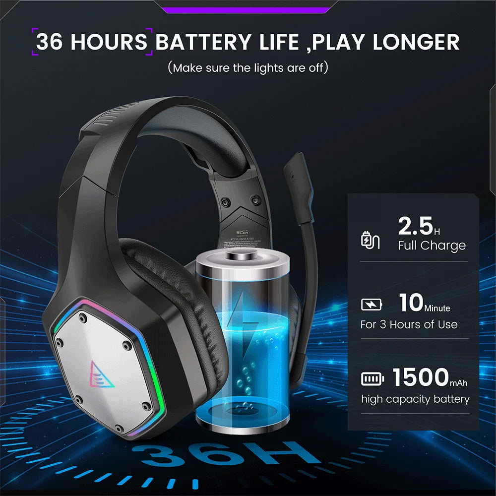 EKSA 2.4GHz Wireless Headphones E1000 WT 7.1 Surround Wired Gaming Headset with Mic for Introverts